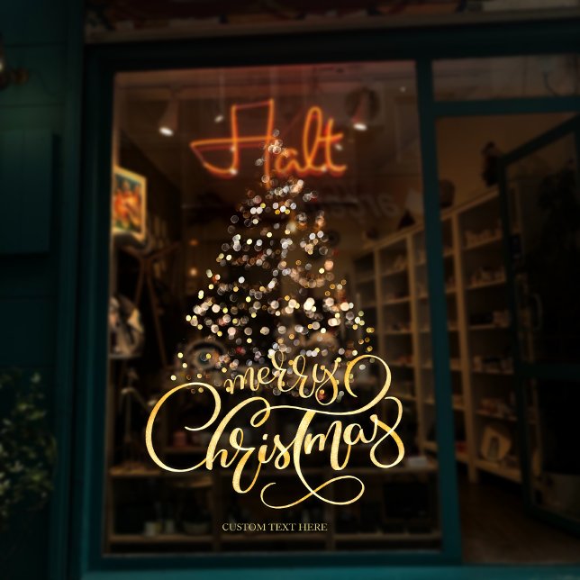 Script Gold Frohe Weihnachtsbaum Business Holiday Fensteraufkleber (Script Gold Merry Christmas Tree Business Corporate Entrance Window Cling)