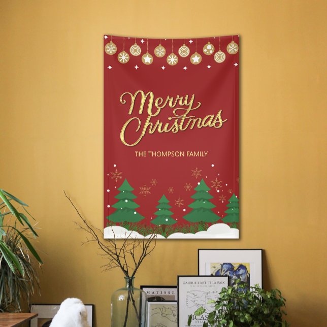 Script Gold Frohe Weihnachtsbaumen Familienbanner Banner (Script Gold Merry Christmas Trees Family Banner)