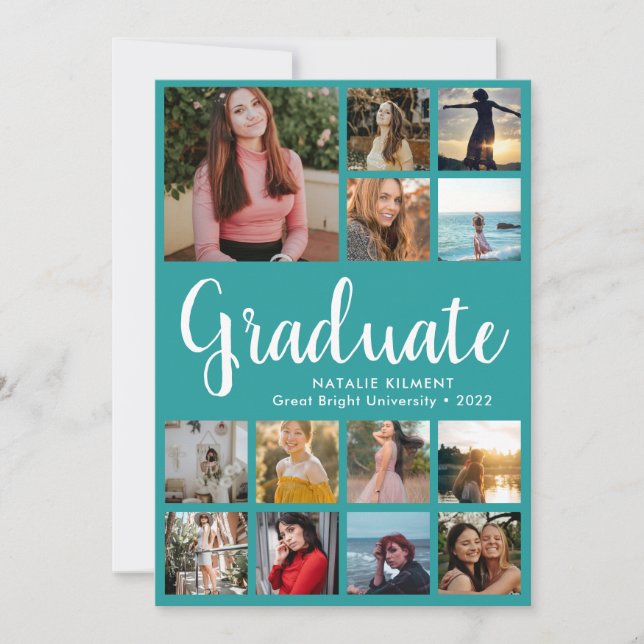 Script Graduate 14 Foto Collage Aquamariner Abschl Einladung (Vorderseite)