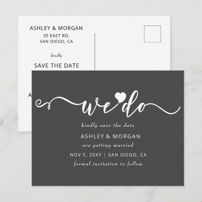 Script Graues Herz machen wir Save the Date Ankündigungspostkarte (Vorne/Hinten)