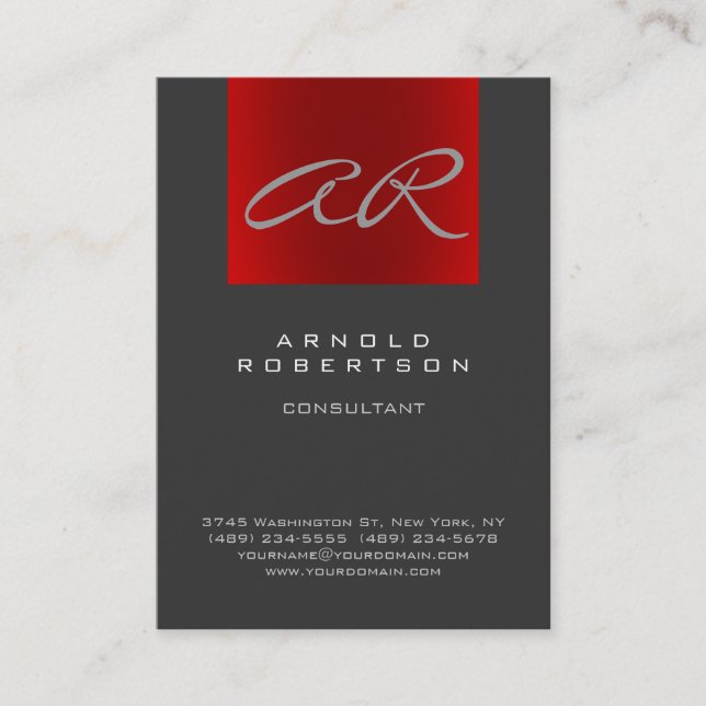 Script Gray Red Trendy Monogram Business Card Visitenkarte (Vorderseite)