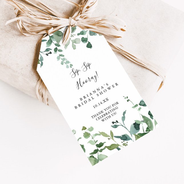 Script Green Foliage Sip Hooray Brautparty Geschenkanhänger (Von Creator hochgeladen)