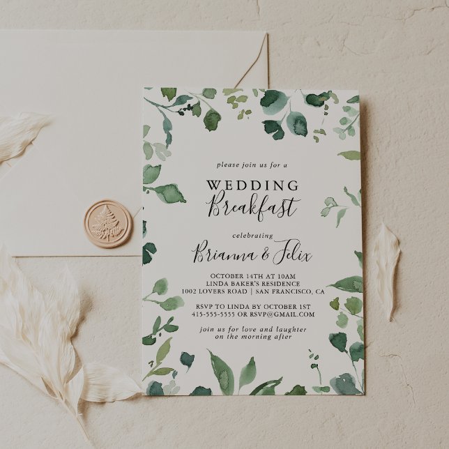 Script Green Foliage Wedding Breakfast Einladung (Von Creator hochgeladen)
