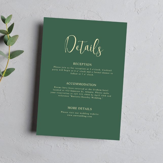 Script Green Minimalistisch Elegant Hochzeitdetail Begleitkarte (Script Green Minimalist Elegant Wedding Details Enclosure Card)