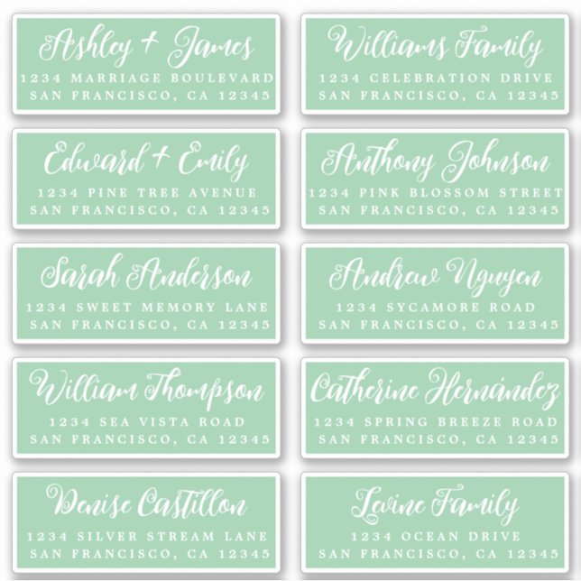 Script Green Wedding Guest Address Labels (Vorderseite)