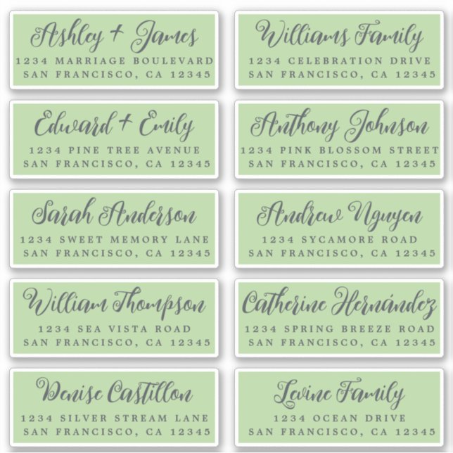 Script Green Wedding Guest Address Labels (Vorderseite)