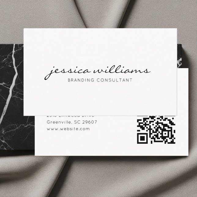 Script Handwritten White Minimalist QR Code Visitenkarte (Von Creator hochgeladen)