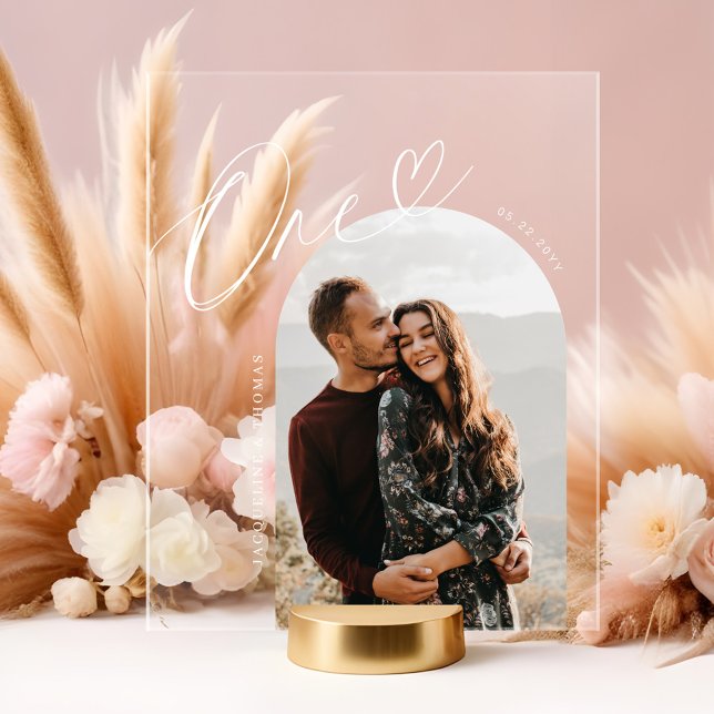 Script Heart Foto Wedding Tischnummer One Acrylschild (Script Heart Photo Wedding Table Number One Acrylic Sign)