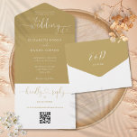 Script Hearts Elegant Gold QR Code Hochzeit All In One Einladung<br><div class="desc">Alles in einer goldenen Hochzeitseinladung mit eleganten Herz-Schrift-Typografie und Monogramm-Initialen. Die Einladung enthält eine perforierte RSVP-Karte mit Ihrem personalisierten QR-Code für Hochzeiten. Entwickelt von Thisisnotme©</div>