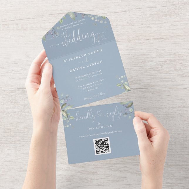 Script Hearts floral QR Code Dusty Blue Wedding All In One Einladung (Abreißen)