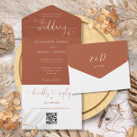 Script Hearts Terracotta QR Code Hochzeit All In One Einladung<br><div class="desc">Alles in einer Terracotta Hochzeitseinladung mit eleganten Herz Schrift Typografie und Monogramm Initialen. Die Einladung enthält eine perforierte RSVP-Karte mit Ihrem personalisierten QR-Code für Hochzeiten. Entwickelt von Thisisnotme©</div>