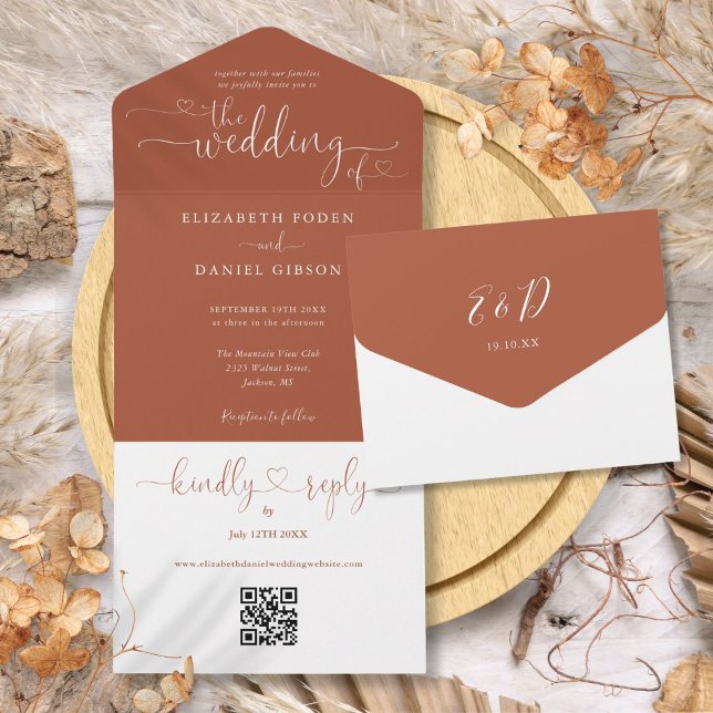 Script Hearts Terracotta QR Code Hochzeit All In One Einladung (Script Hearts Terracotta QR Code Wedding All In One Invitation)