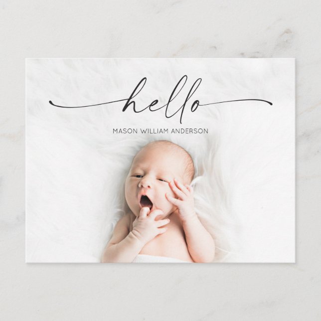 Script Hello Baby Birth Announcement Foto Postkarte (Vorderseite)