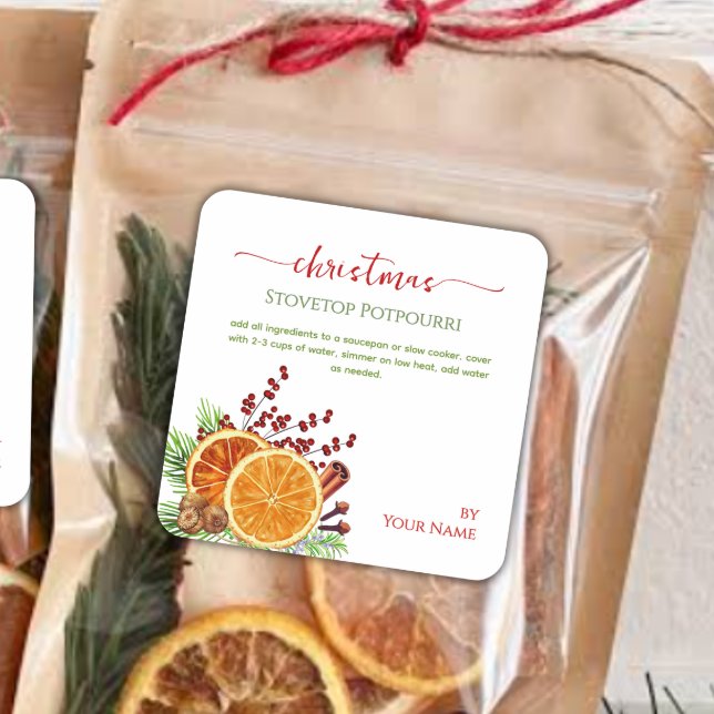Script Herdfeuer-Weihnachtssimmer-Potpourri  Quadratischer Aufkleber (Von Creator hochgeladen)