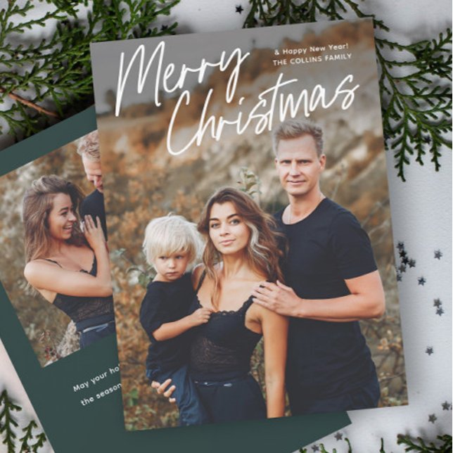 Script Lettering Frohe Weihnachten 2 Foto (Hand Lettered Merry Christmas 2 Photo Holiday Cards.)