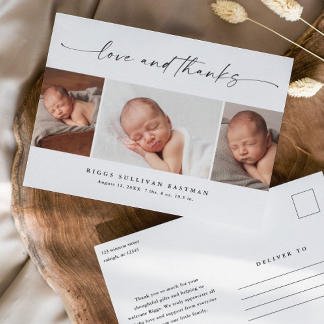 Script Love and Thanks Photo Baby Thank You  Postkarte (Modern script love and thanks 3 photo collage baby thank you announcement postcards.)