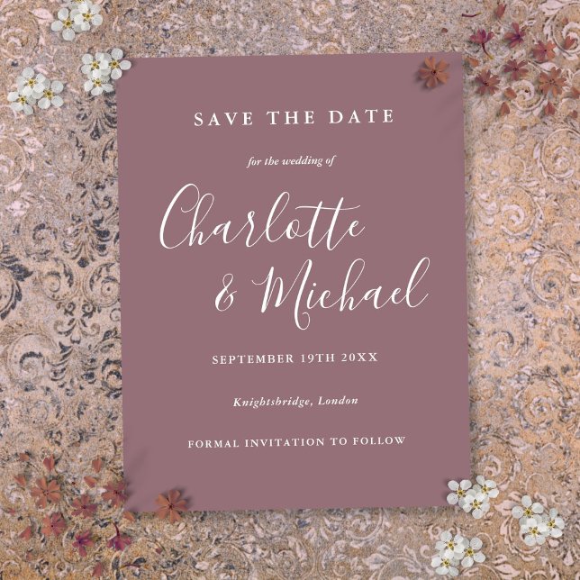 Script Mauve Wedding Save the Date Card Postkarte (Script Mauve Wedding Save the Date Card)