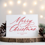 Script Merry Christmas Red Feiertagskarte<br><div class="desc">Diese stilvolle und moderne Weihnachtskarte besticht durch eine elegante moderne Kalligraphie in Rot. Fügen Sie Ihren eigenen vorbedruckten Text hinzu oder löschen Sie einfach den Beispieltext,  um ihn für Ihre eigene handschriftliche Notiz leer behalten.</div>