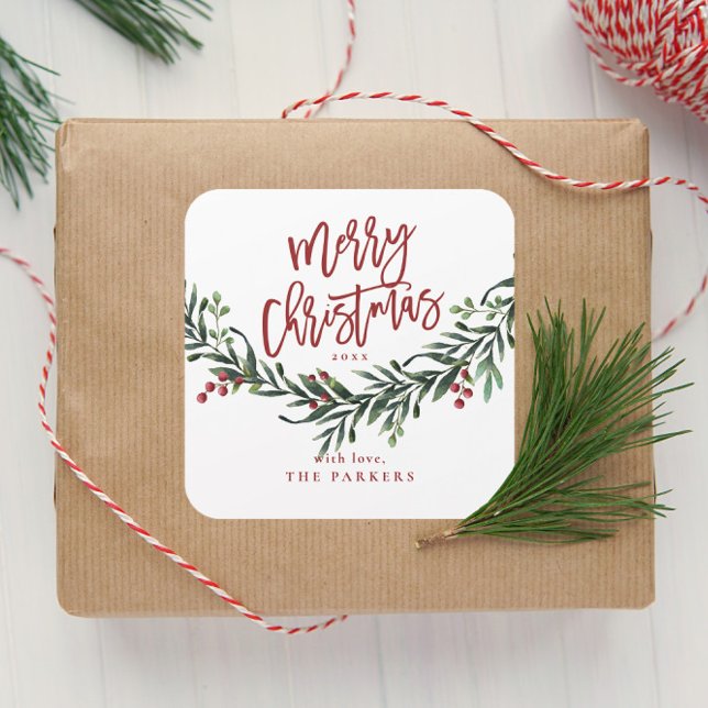 Script Merry Christmas Watercolor Quadratischer Aufkleber (Script Merry Christmas Greenery Gift Tag Sticker.)