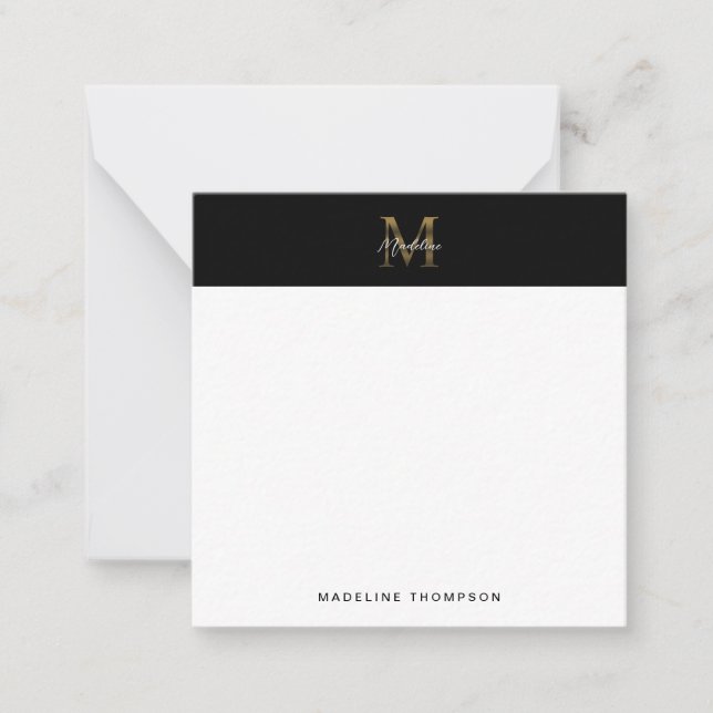 Script Metallic Black Gold Monogram Square Mini Mitteilungskarte (Vorderseite)