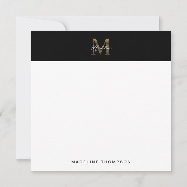 Script Metallic Black Gold Monogram Square Mitteilungskarte (Vorderseite)