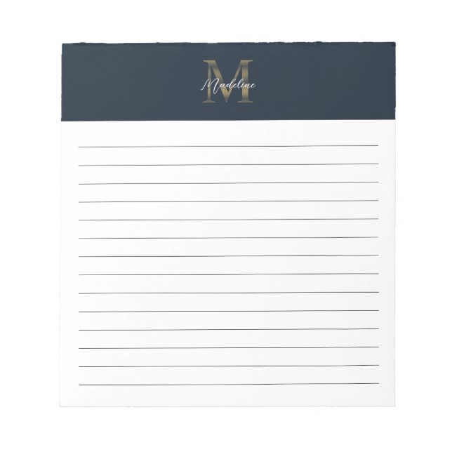 Script Metallic Navy Blau Gold Monogramm Liniiert Notizblock (Vorderseite)