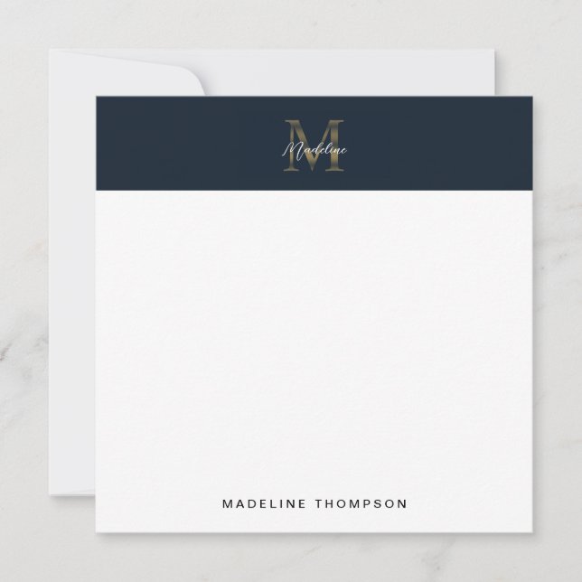 Script Metallic Navy Blue Gold Monogram Square Mitteilungskarte (Vorderseite)