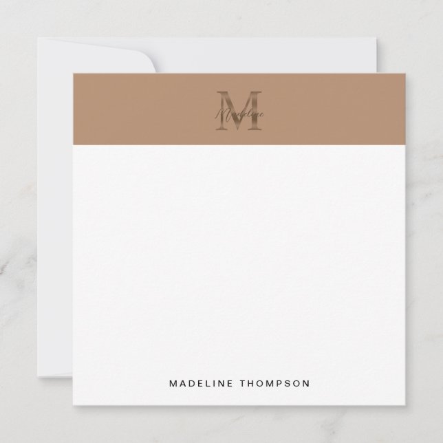 Script Metallic Taupe Gold Monogram Square Mitteilungskarte (Vorderseite)