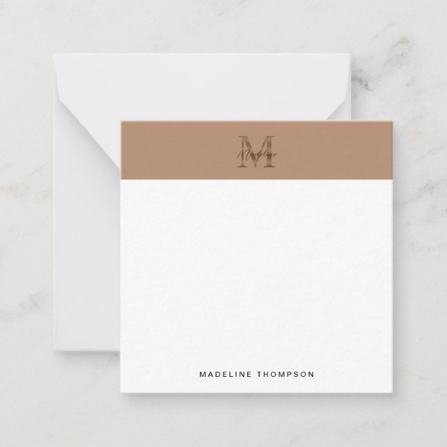 Script Metallic Taupe Gold Monogram Square Mitteilungskarte (Vorderseite)