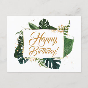 Script Modern Green Blätter Happy Birthday Postkarte