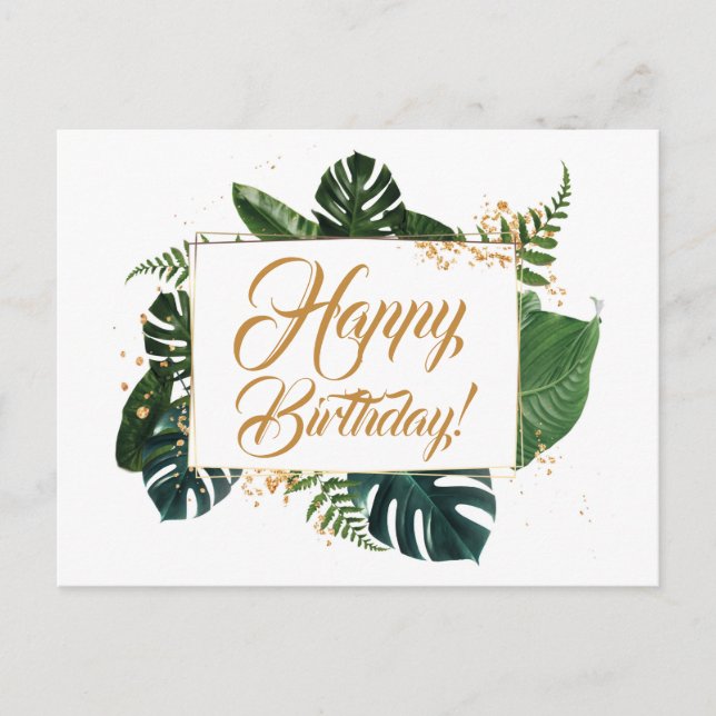 Script Modern Green Blätter Happy Birthday Postkarte (Vorderseite)