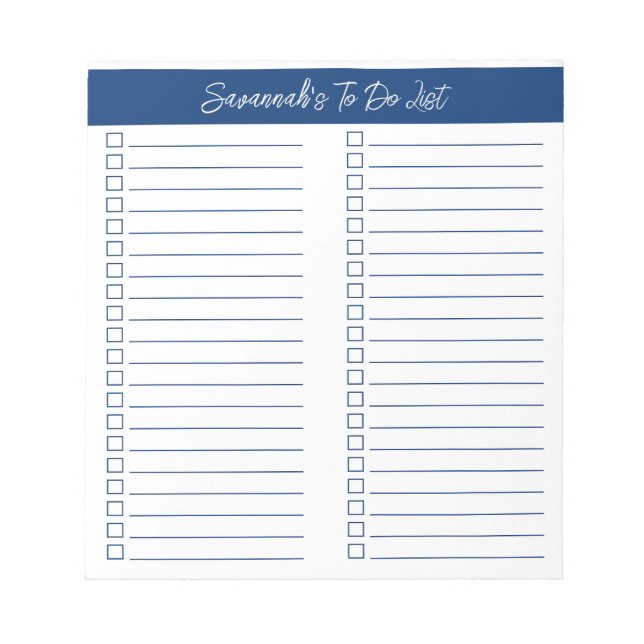 Script Modern Navy Blue Two Column Checklist Notizblock (Vorderseite)