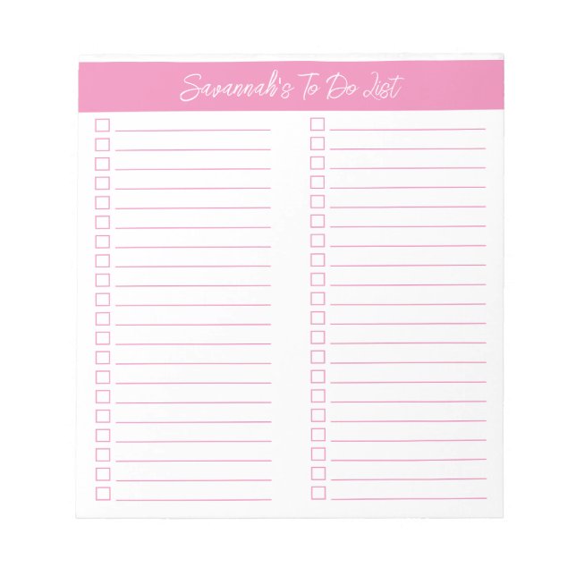 Script Modern Pink Two Column Checklist Notizblock (Vorderseite)