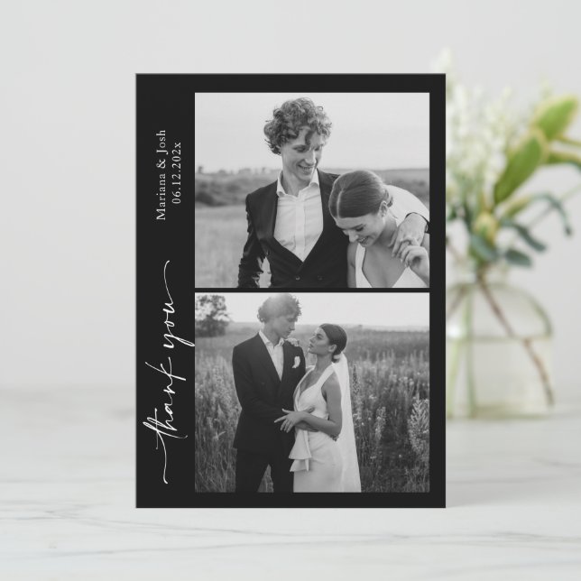 Script Modern Wedding 2 Photos Thank You Card Dankeskarte (Stehend Vorderseite)