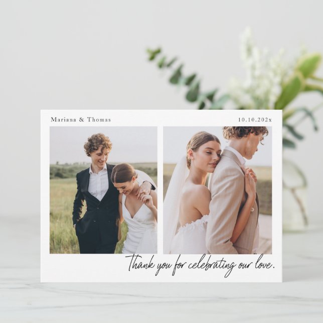Script Modern Wedding 2 Photos Thank You Card Dankeskarte (Stehend Vorderseite)