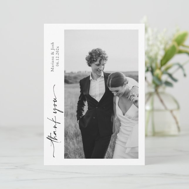 Script Modern Wedding 2 Photos Thank You Card Dankeskarte (Stehend Vorderseite)