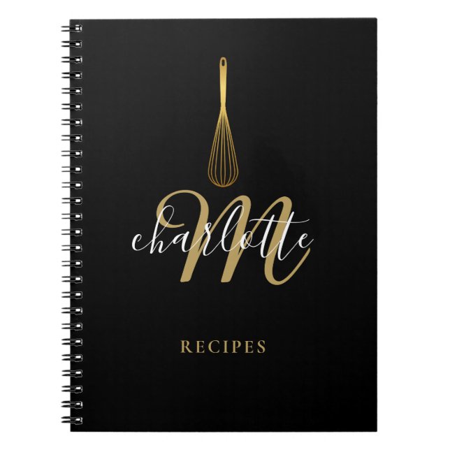 Script Monogram Black Gold Whisk Rezept Notizblock (Vorderseite)