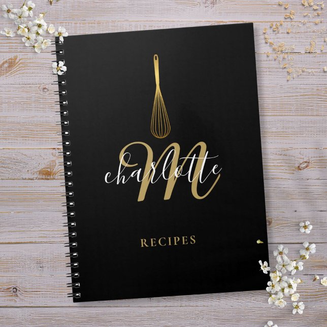 Script Monogram Black Gold Whisk Rezept Notizblock (Script Monogram Black Gold Whisk Recipe Notebook)
