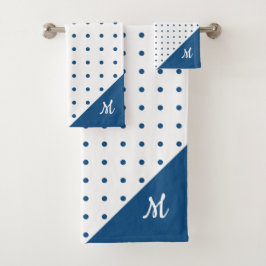 Script Monogram Blue auf White Polka Dot Pattern Badhandtuch Set