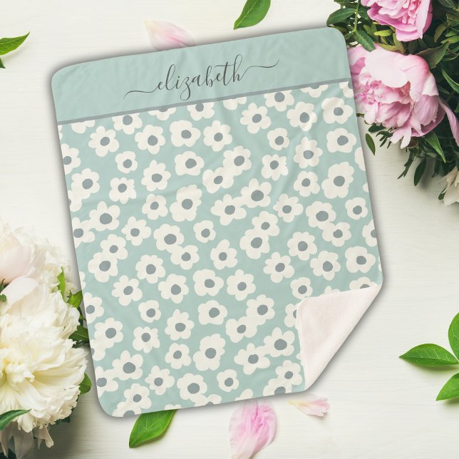 Script Monogram Boho Green White Grey Floral Sherpadecke (Green white Gray Floral Boho Personalized Sherpa Blanket. Throw Blanket, Twin Bed size and Baby size)