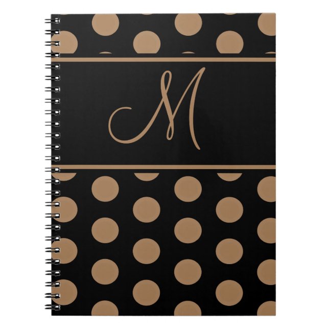 Script Monogram Brown Polka Dots auf Schwarz Notizblock (Vorderseite)