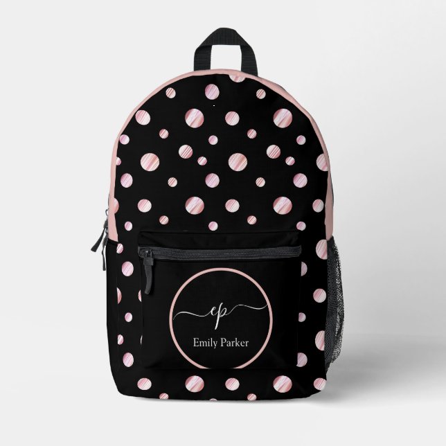 Script Monogram Individuelle Name Black Polka Dot  Bedruckter Rucksack (Vorderseite)