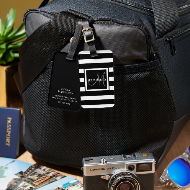 Script Monogram | Moderner Streifen Gepäckanhänger (Vorderseite & Rückseite)