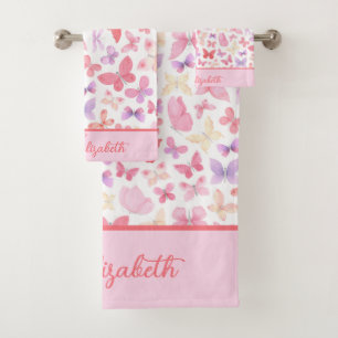 Script Monogram Pink Lila Gelbe Schmetterlinge Badhandtuch Set