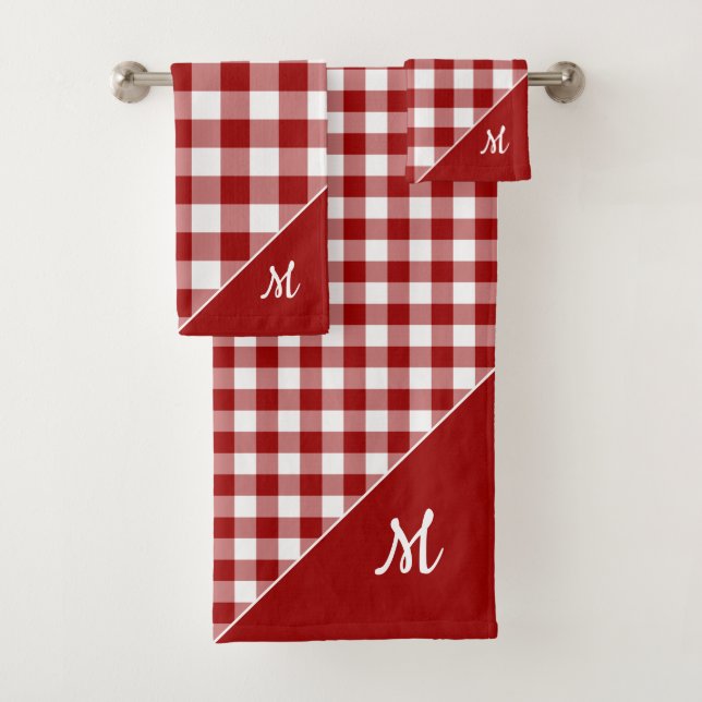 Script Monogram Red White Buffalo Kariertes Muster Badhandtuch Set (Insitu)