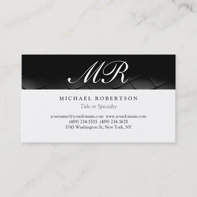 Script Monogram White Black Pattern Business Card Visitenkarte (Vorderseite)