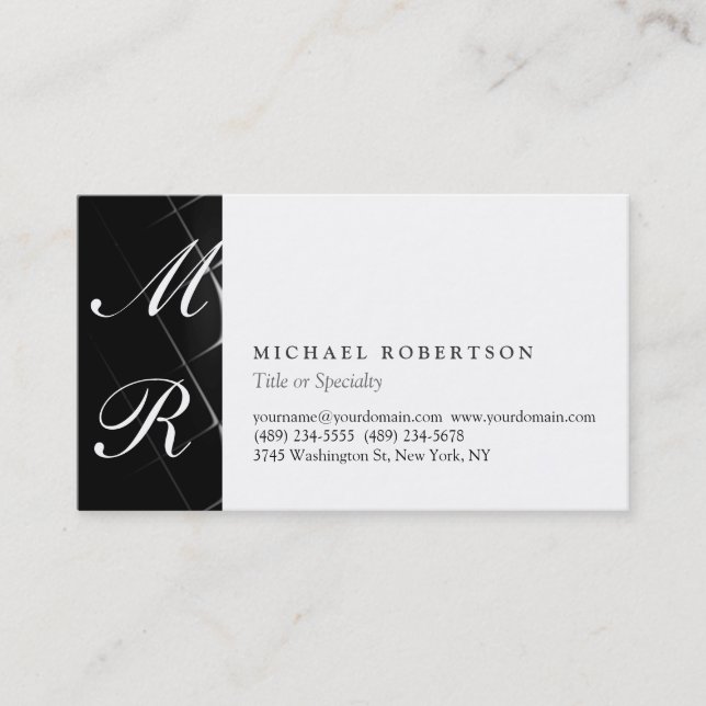 Script Monogram White Black Pattern Business Card Visitenkarte (Vorderseite)