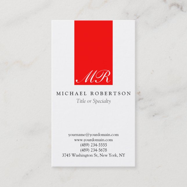 Script Monogram White Red Clean Business Card Visitenkarte (Vorderseite)