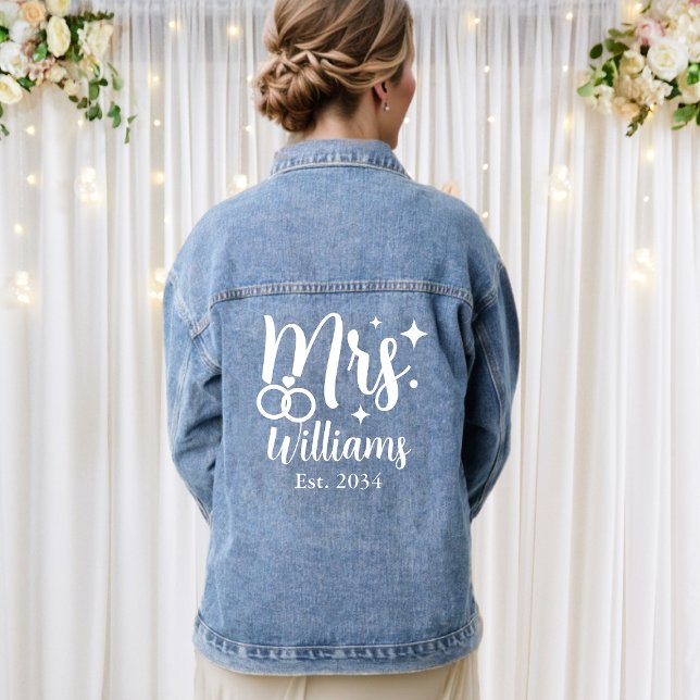 Script Mrs Wedding etablierte Date Bride Jean Jeansjacke (Script Mrs Wedding Established Date Bride Jean Denim Jacket
)