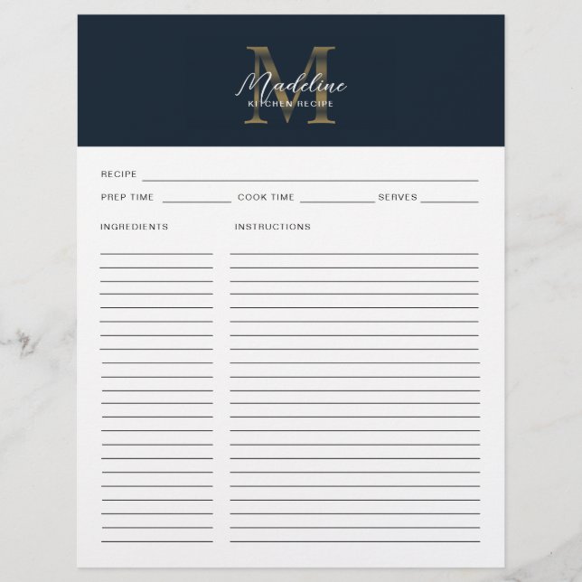 Script Navy Blue Metallic Gold Monogram Recipe (Vorderseite)
